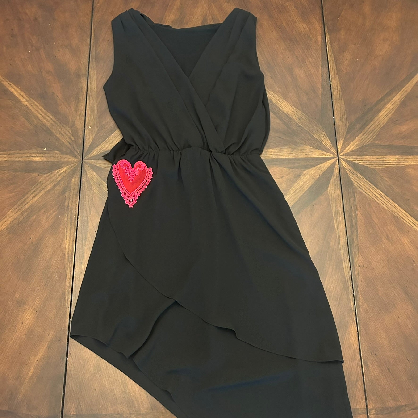 Pookie & Sebastian Black Asymmetric Crepe Dress with Heart Applique Salvage Renaissance Pookie & Sebastian Black Asymmetric Crepe Dress with Heart Applique Salvage Renaissance