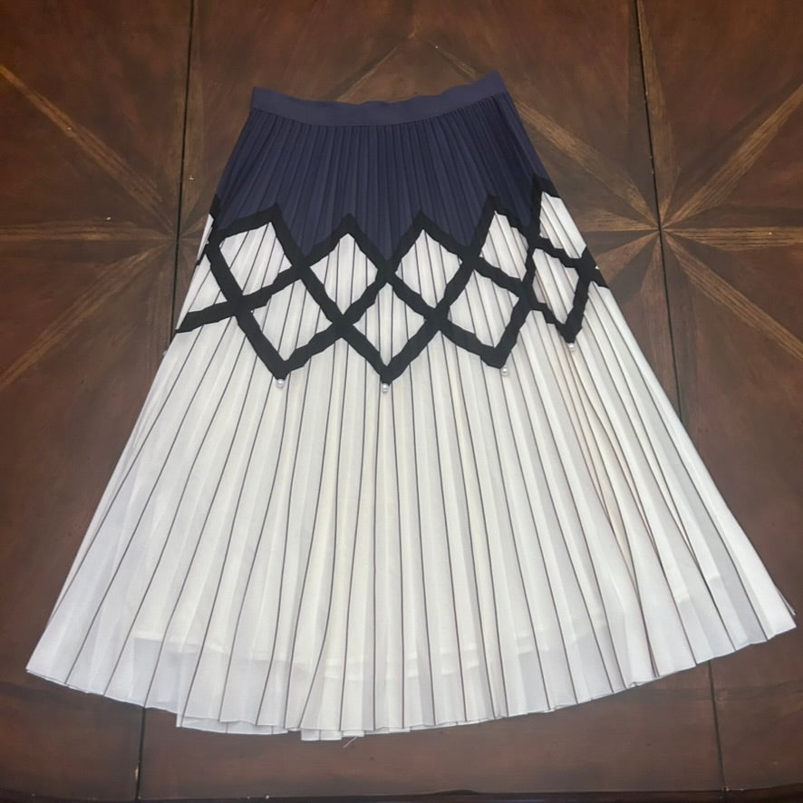 REISS Long Pleated Nvy/White Skirt with Sewn-on Pearls