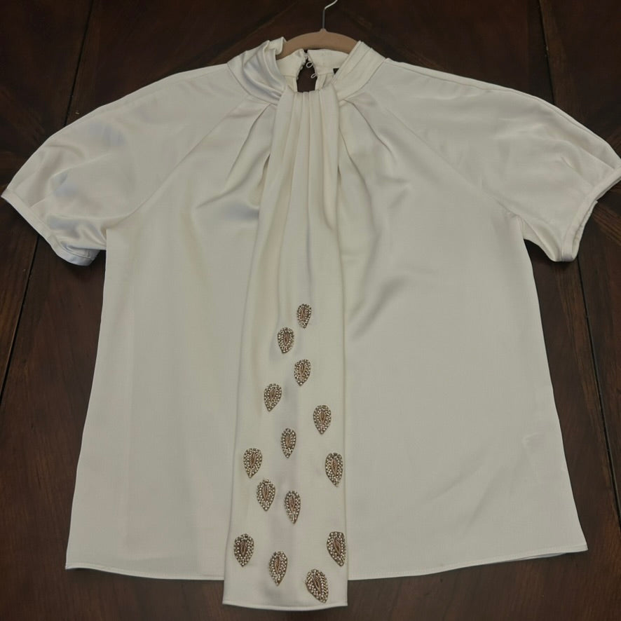 J. Crew Ivory Short-Sleeve Blouse with Beading on Flap Tie