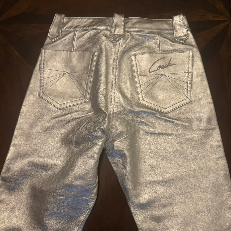 Coach Silver Metallic 5-Pkt Leather Pants