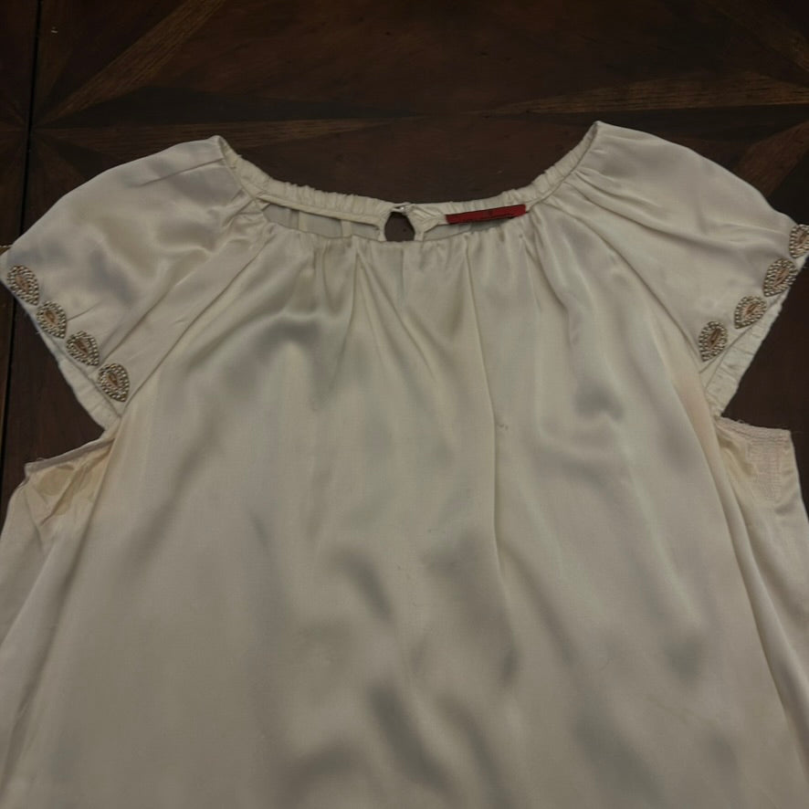 Carolina Herrera Ivory Charmeuse Jewel-Neck Cap-Sleeve Blouse with Beading on Sleeves