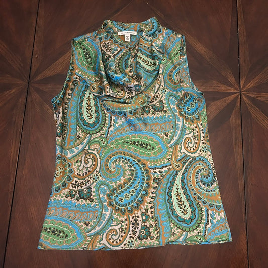 Banana Republic Blue-Green Paisley Sleeveless Top with Golden Beads on Shoulder