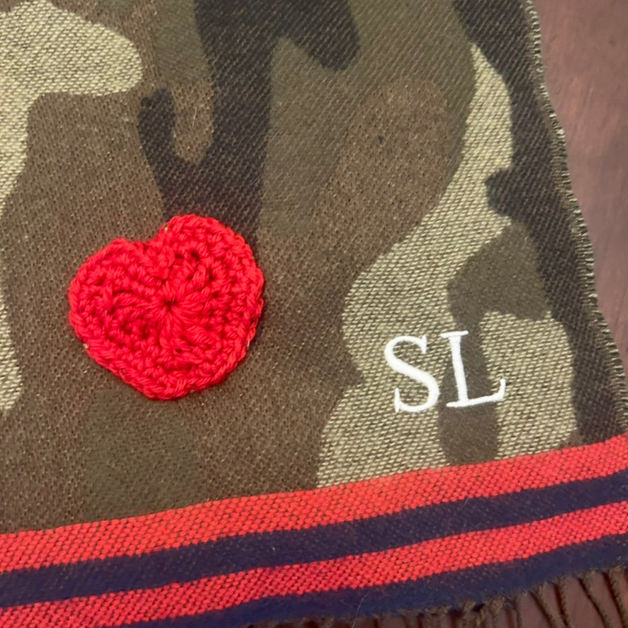 Mark & Graham Green Camo Oversized Scarf with Crocheted Hearts
