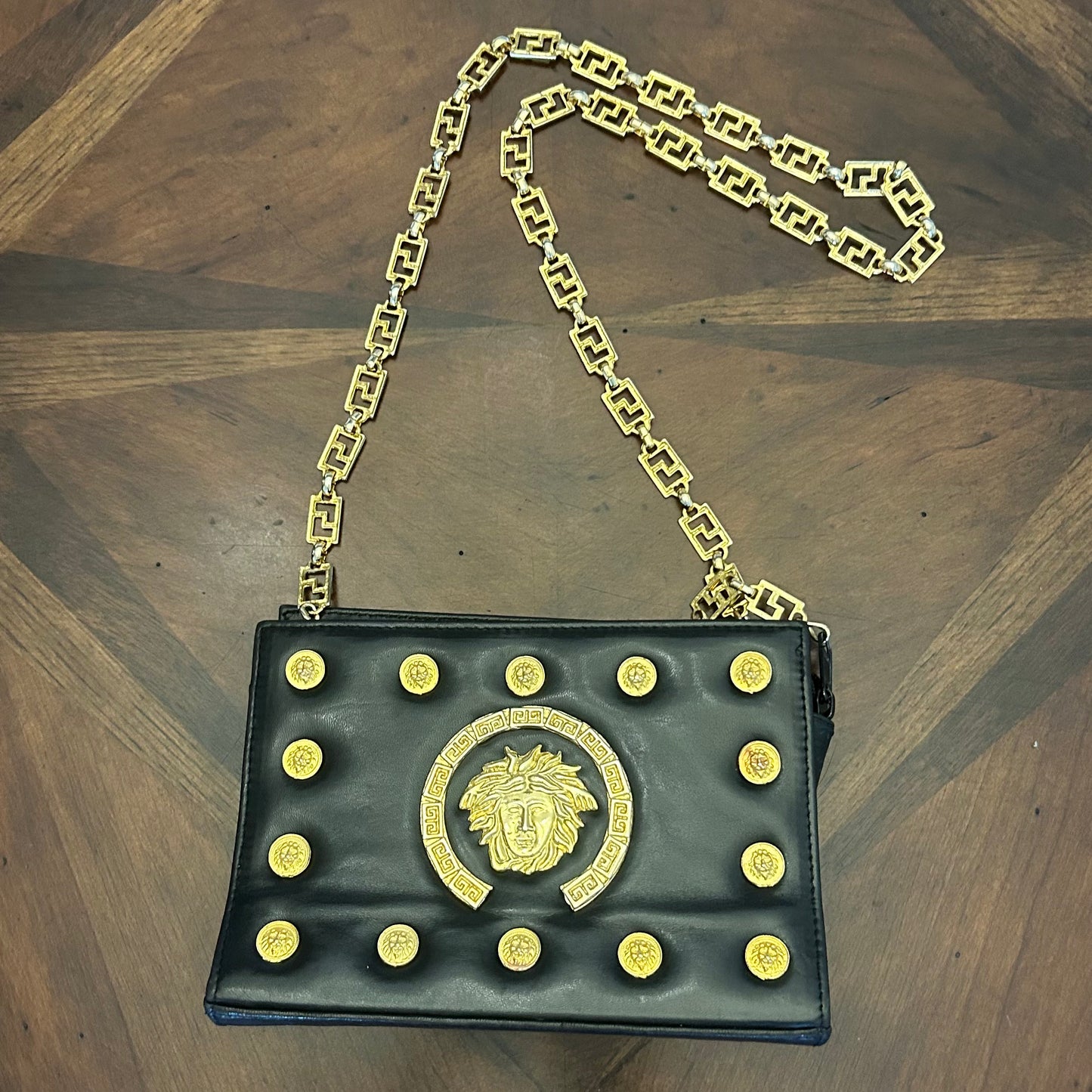 Vintage Black Leather Handbag with Gold Hardware