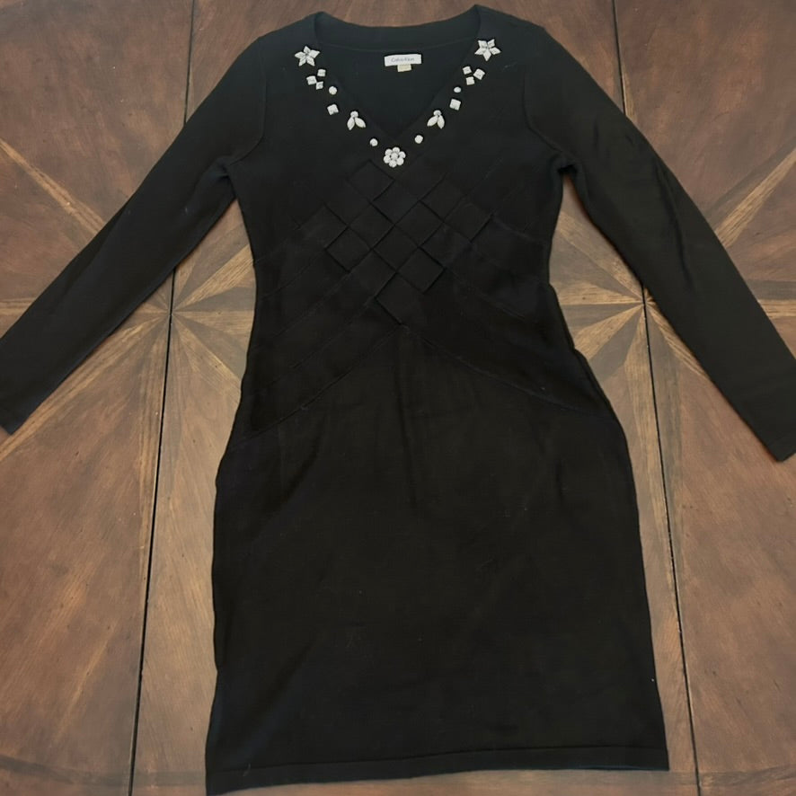 Calvin Klein Sweater Knit Dress with Bedazzled Collar