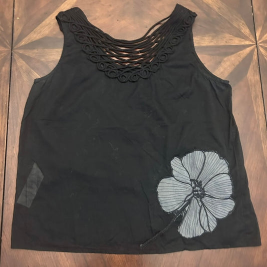 Black Sleeveless Top with Lattice Back Neckline and Floral Applique