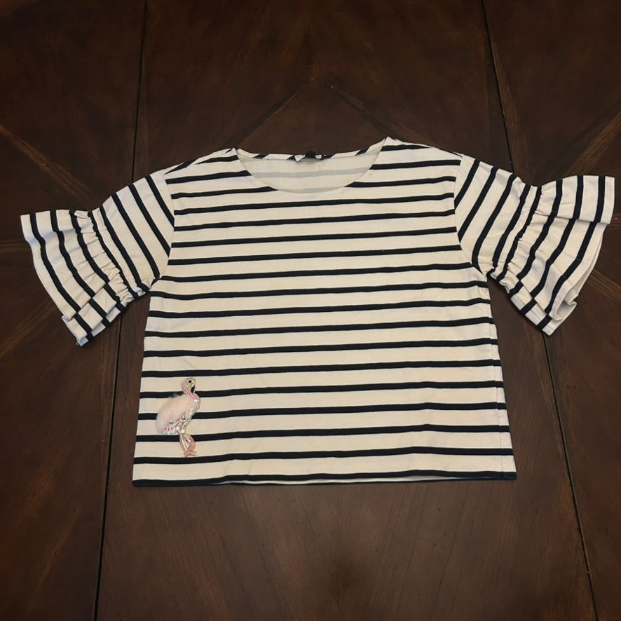 J.Crew Nvy/White Striped Shirt with Flamingo Appliqué and Bell Sleeves