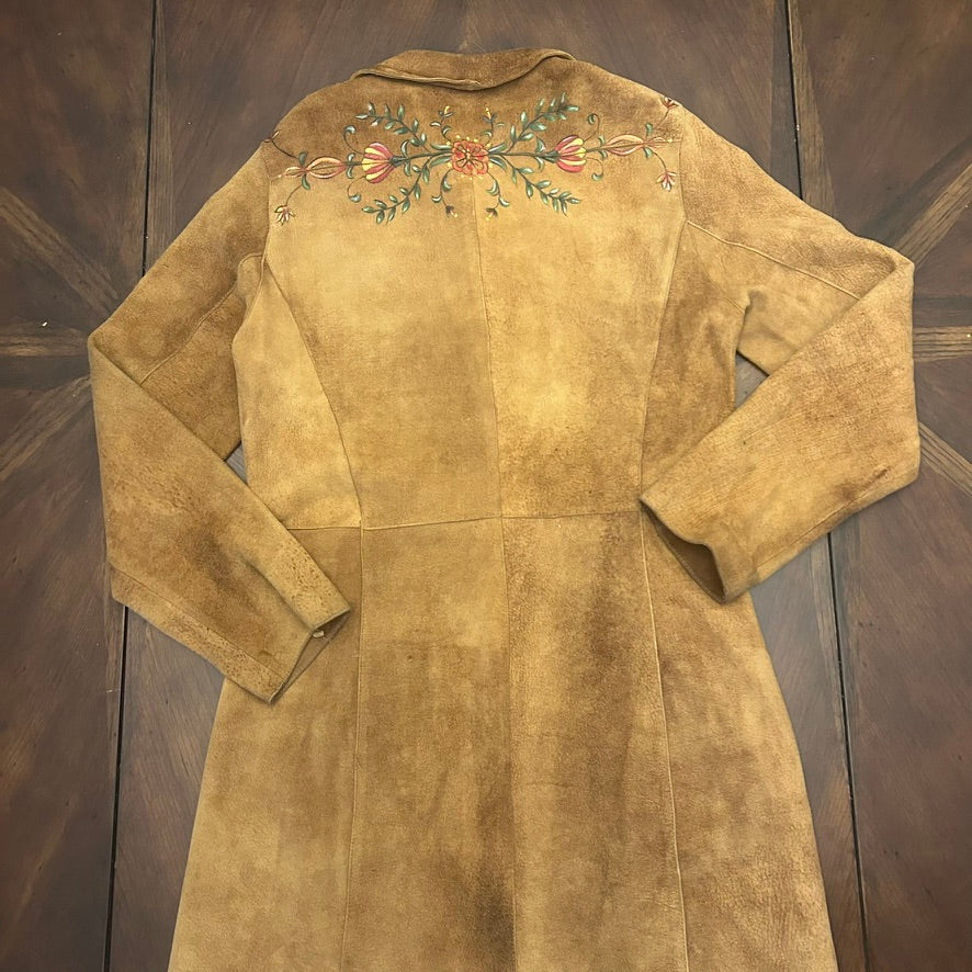 Andrew Marc Suede Button-Front Long Shirt Jacket with Hand-painted Floral