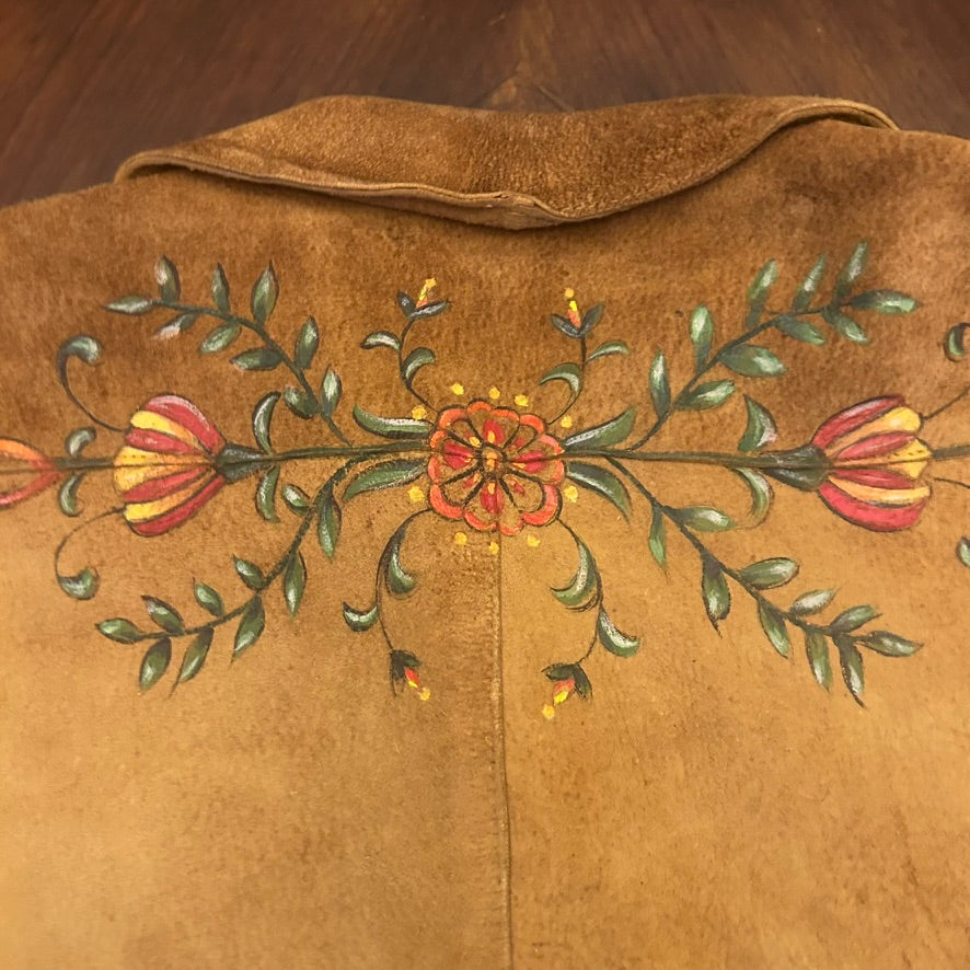 Andrew Marc Suede Button-Front Long Shirt Jacket with Hand-painted Floral