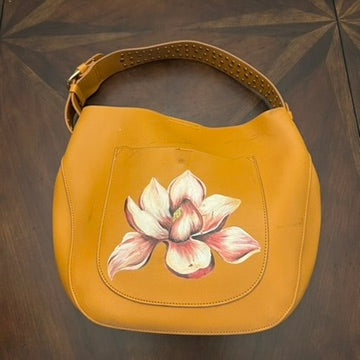 Tan Slouchy Hobo Bag w Studded strap and Hand-Painted Lotus Flower