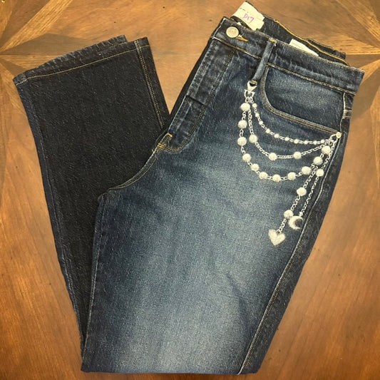 Frame Ultra Hi-Rise Le Sylvie Slender Straight Indigo Jean with Painted-on Pearl Chain