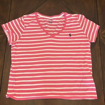 Pink and White Striped Polo Ralph Lauren T-Shirt with Vintage Patch