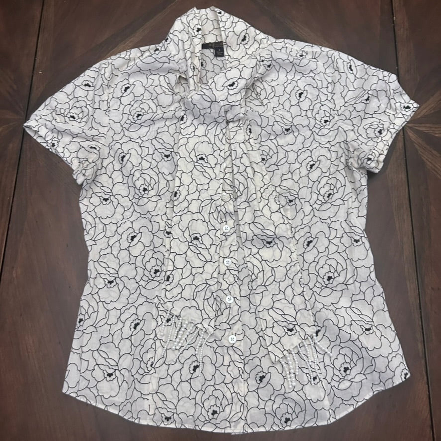 Brooks Brothers Rose Print Short-Sleeve Blouse with Pearl Tie