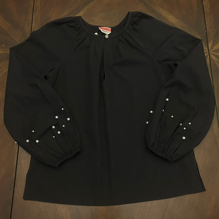 Kate Spade Navy Long-Sleeve Jewel-Neck Blouse with Pearl Sleeves