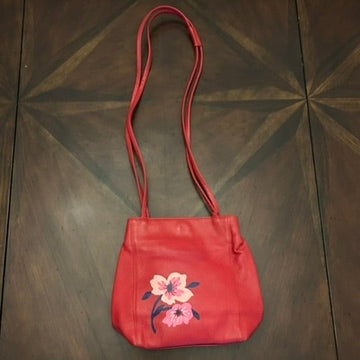 Red Shoulder Bag with Hand-Painted Cherry Blossom Flowers