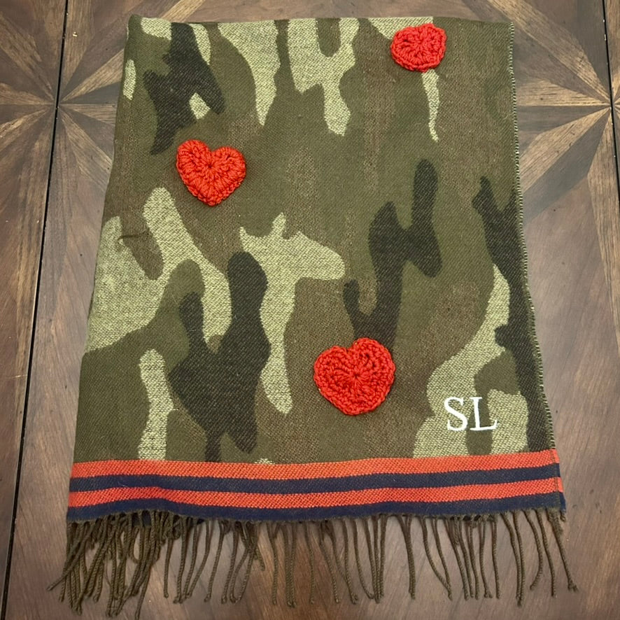 Mark & Graham Green Camo Oversized Scarf with Crocheted Hearts