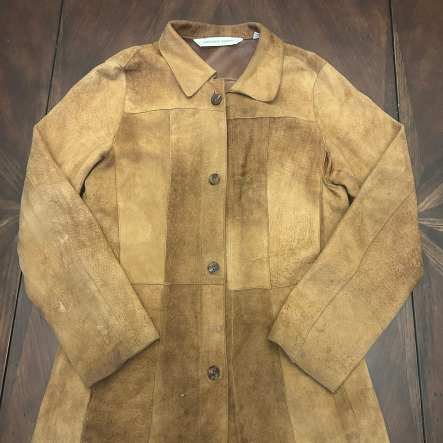 Andrew Marc Suede Button-Front Long Shirt Jacket with Hand-painted Floral