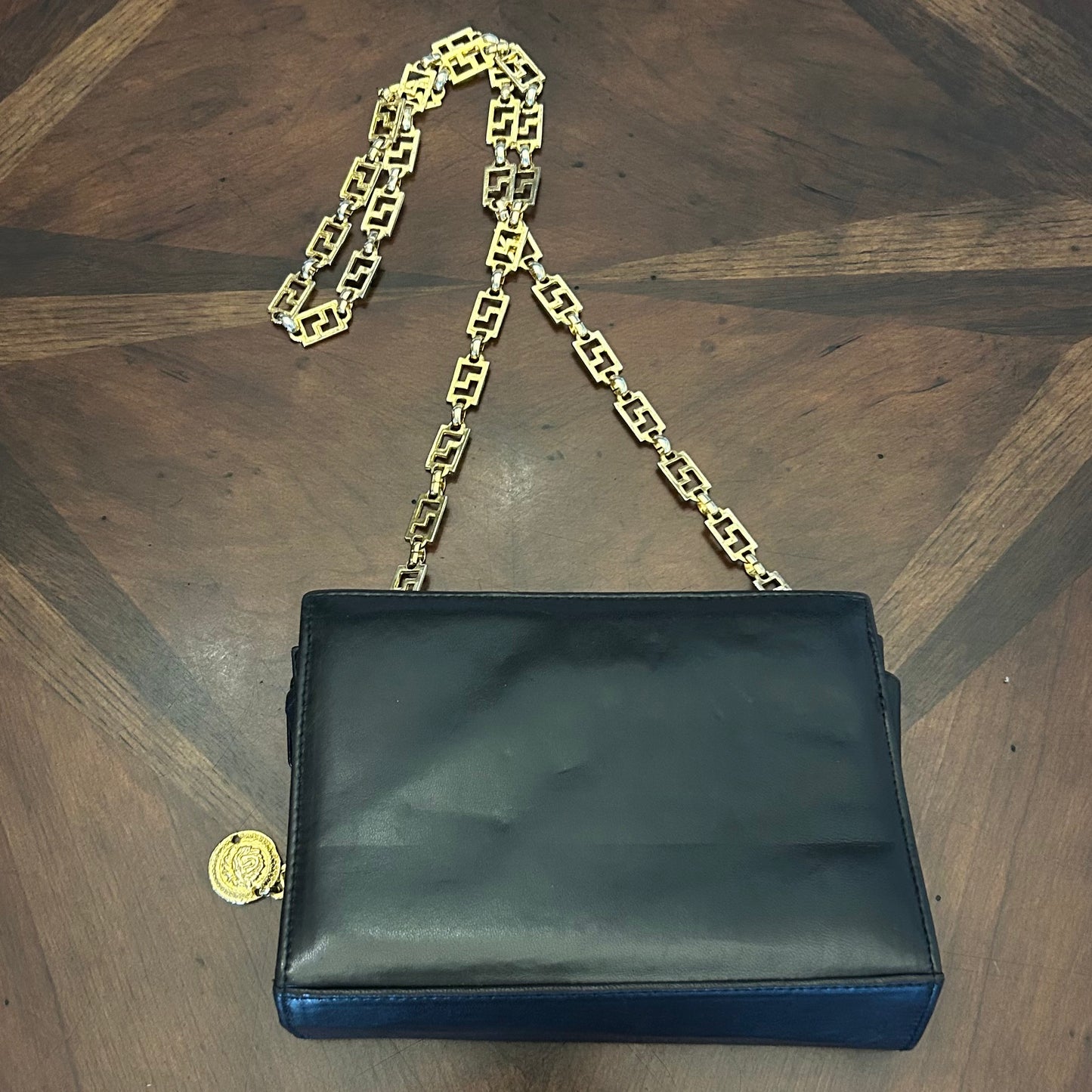 Vintage Black Leather Handbag with Gold Hardware