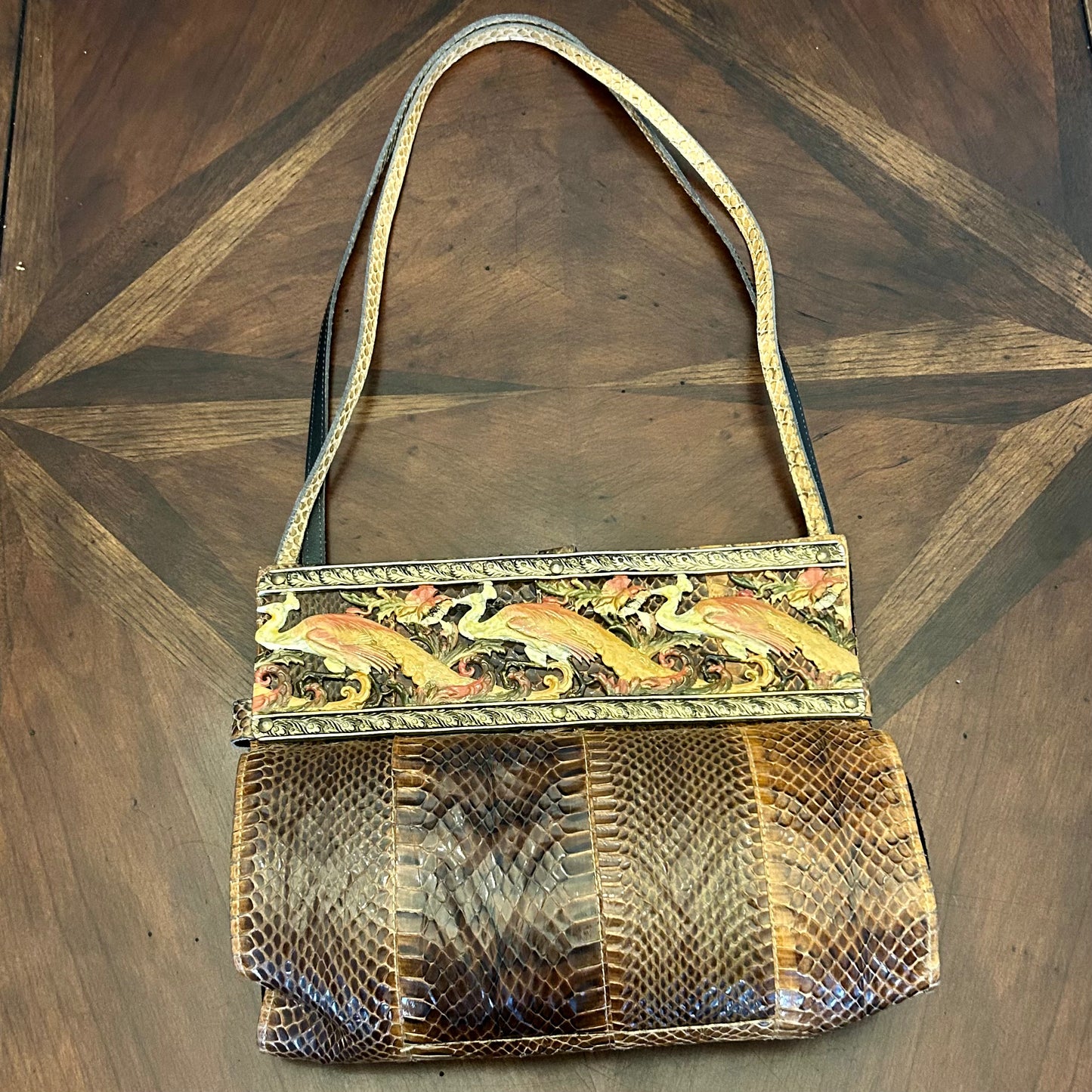 Vintage Alain Fourdraine Paris Snakeskin Bag with Peacock Frame