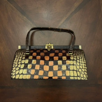 Bellstone Brown Croc Skin Framed Satchel Bag with Hand-painted Art