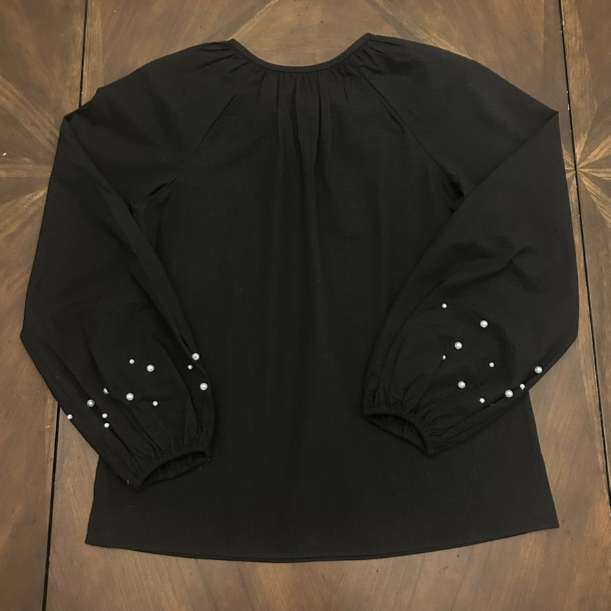 Kate Spade Navy Long-Sleeve Jewel-Neck Blouse with Pearl Sleeves