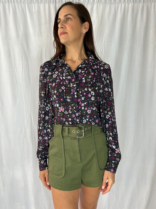 Brooks Brothers Long-Sleeve Navy Floral Blouse with Green Trim