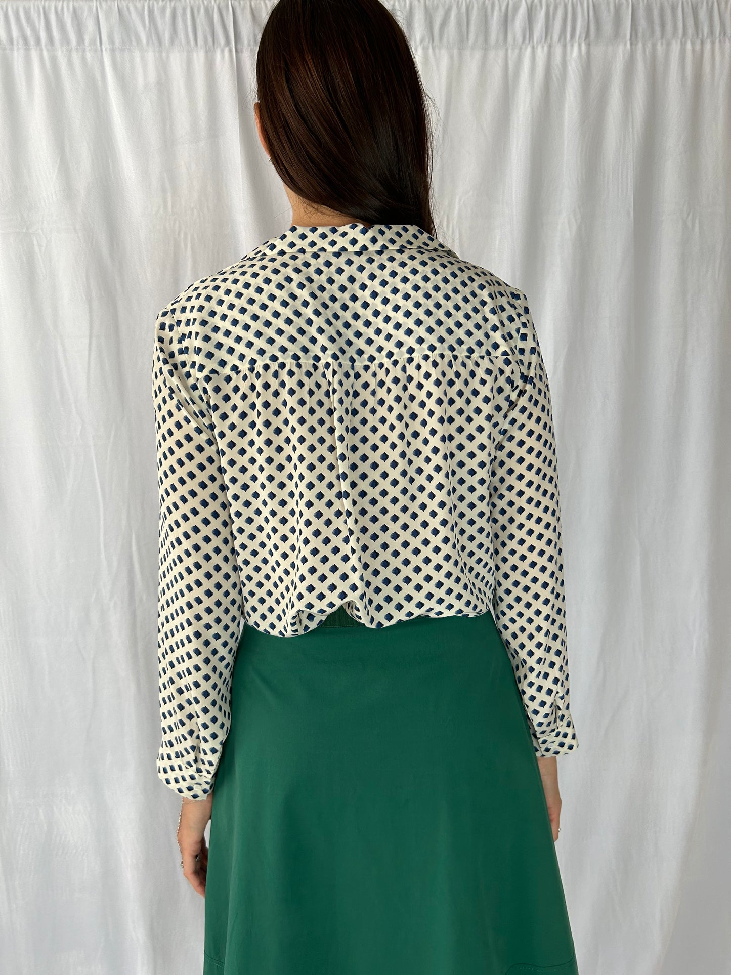 Gerard Darel Ivory with Navy Leaf Print Split Collar Blouse