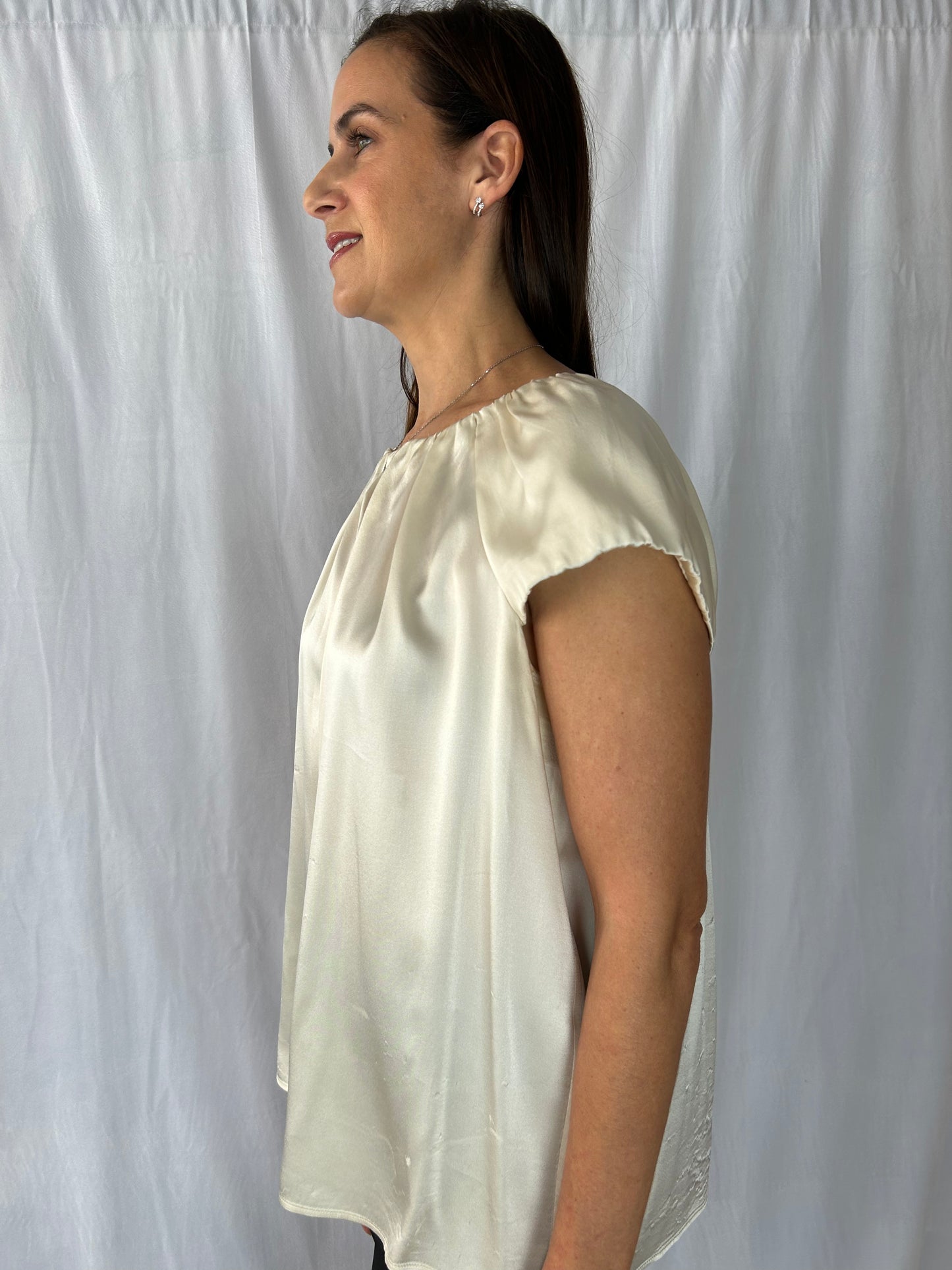 Carolina Herrera Ivory Charmeuse Jewel-Neck Cap-Sleeve Blouse with Beading on Sleeves