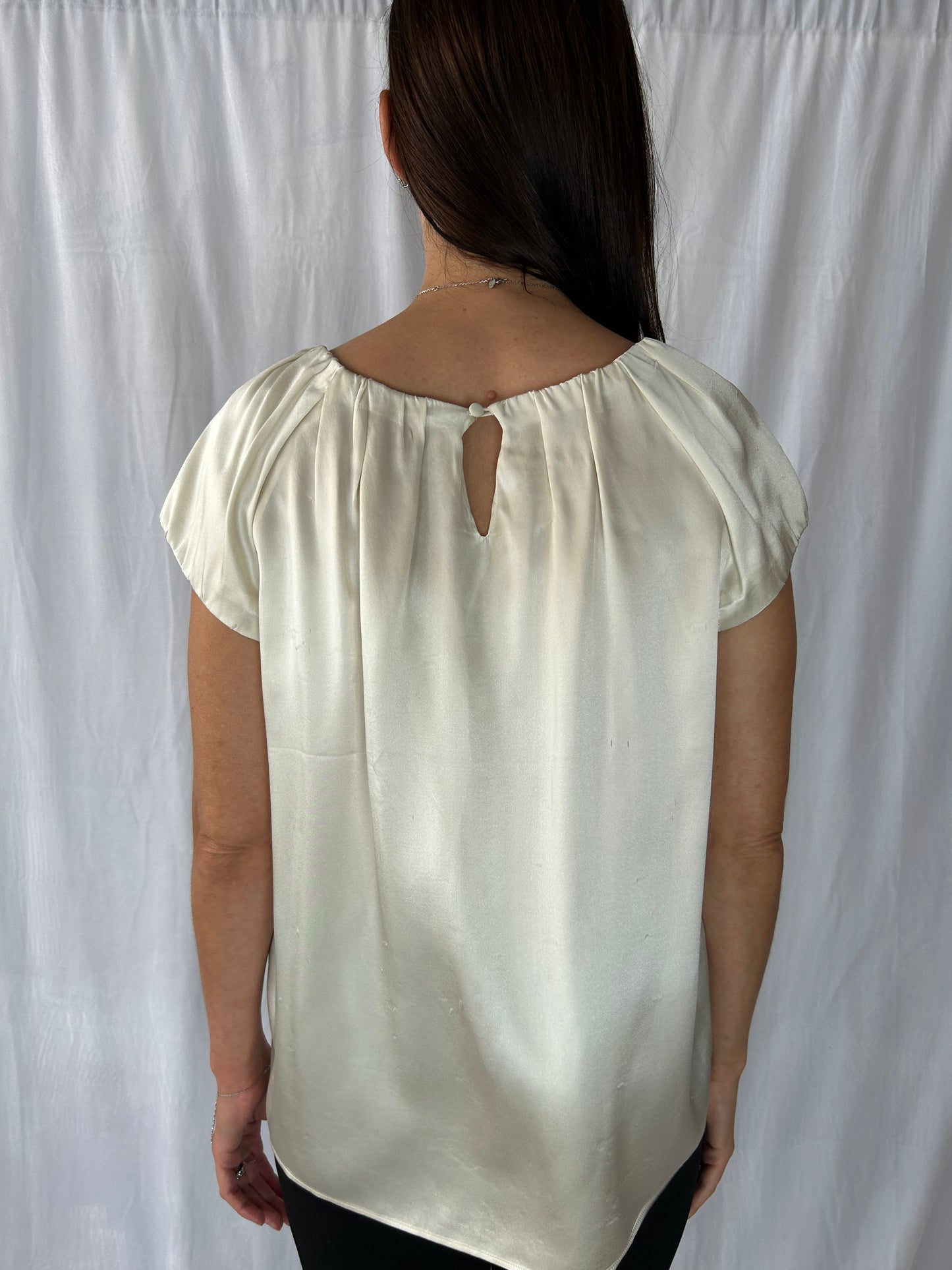 Carolina Herrera Ivory Charmeuse Jewel-Neck Cap-Sleeve Blouse with Beading on Sleeves