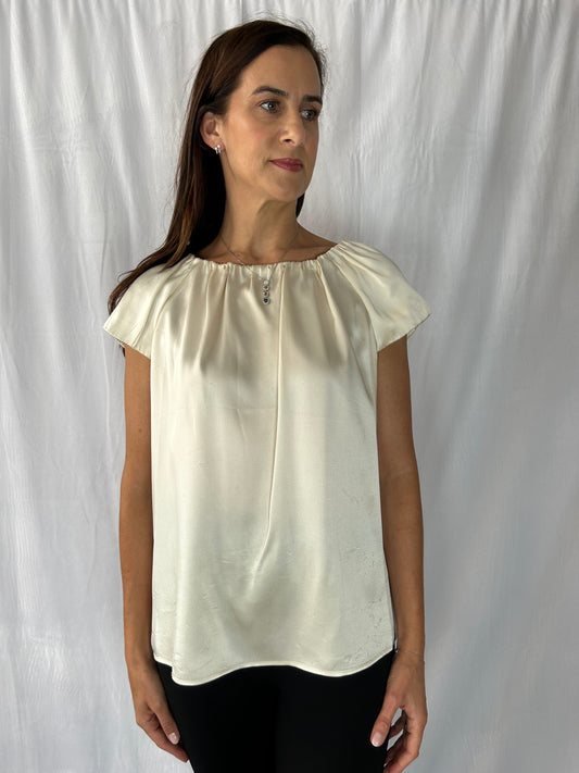 Carolina Herrera Ivory Charmeuse Jewel-Neck Cap-Sleeve Blouse with Beading on Sleeves
