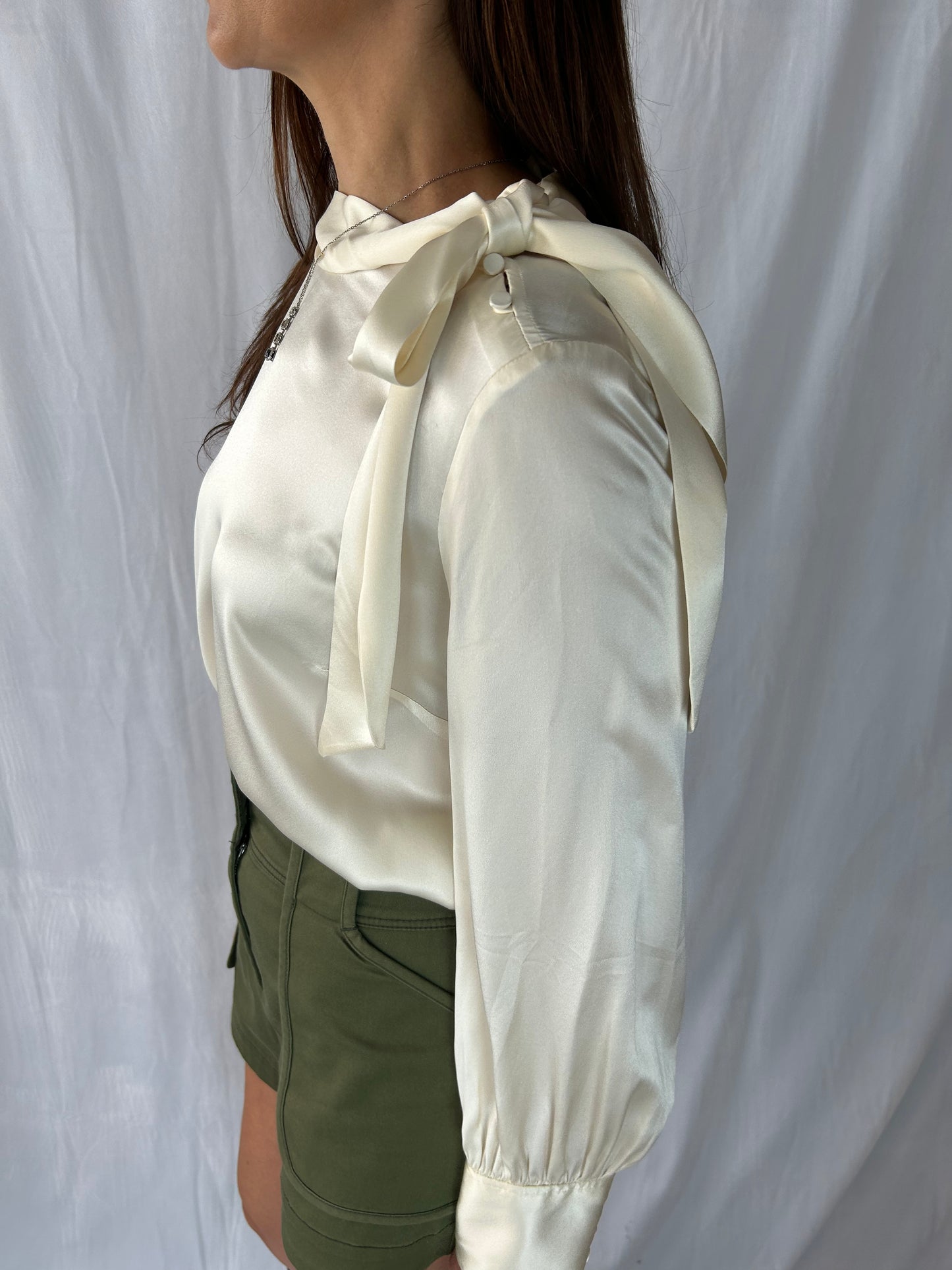 J. Crew Collection Ivory Long-Sleeve Side-Tie Charmeuse Blouse with Beading on Collar
