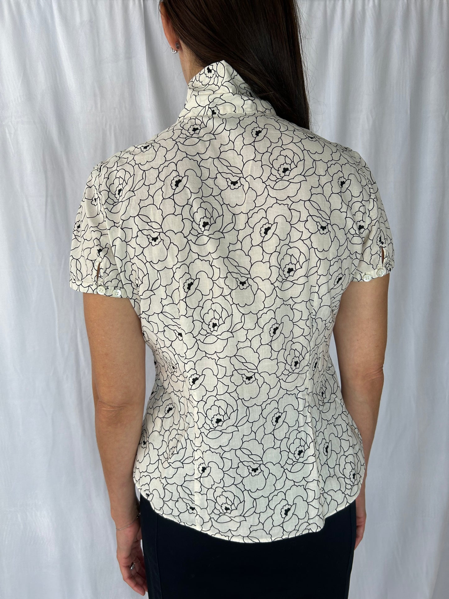 Brooks Brothers Rose Print Short-Sleeve Blouse with Pearl Tie