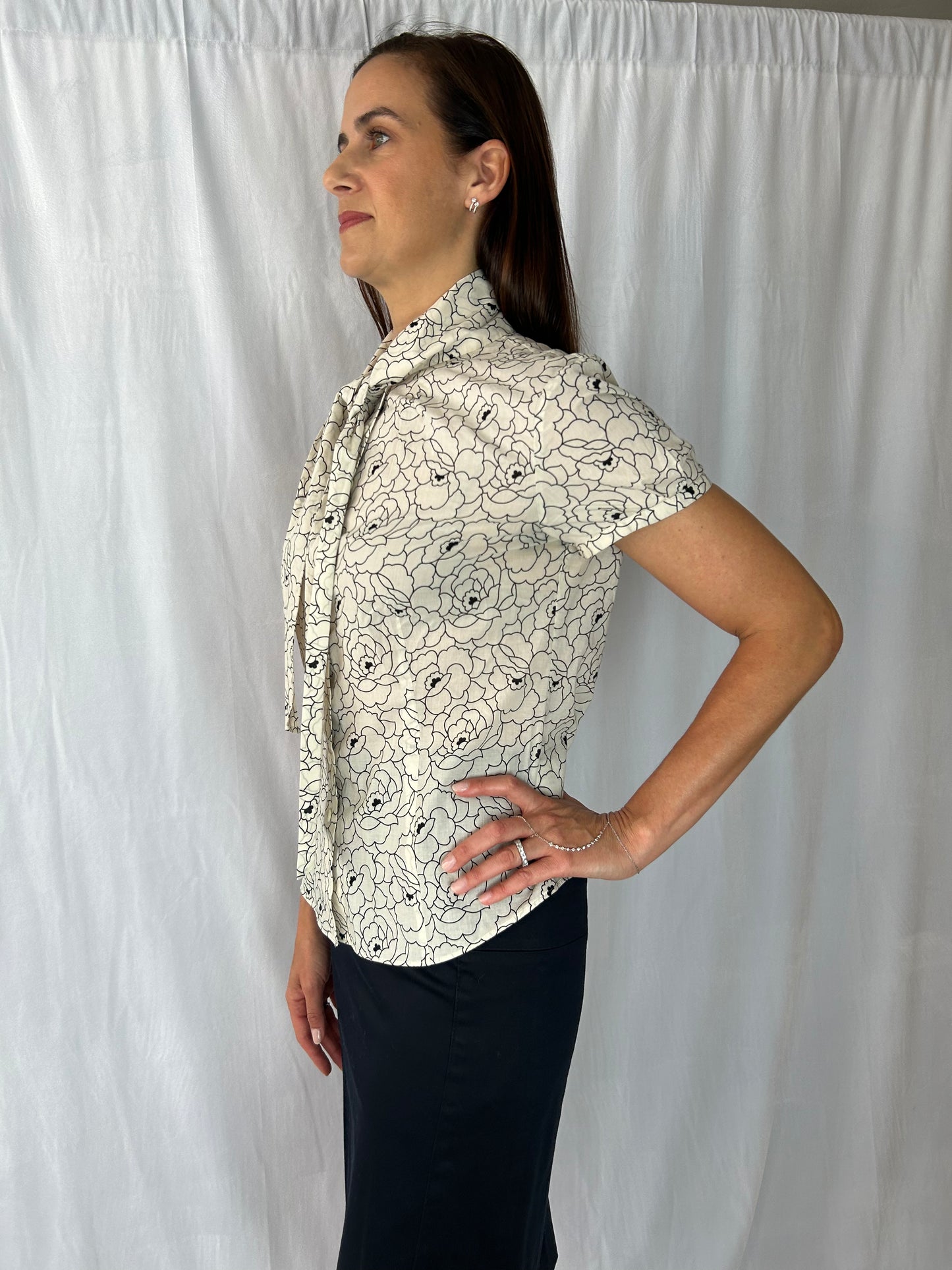 Brooks Brothers Rose Print Short-Sleeve Blouse with Pearl Tie
