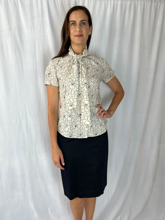 Brooks Brothers Rose Print Short-Sleeve Blouse with Pearl Tie