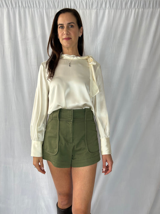 J. Crew Collection Ivory Long-Sleeve Side-Tie Charmeuse Blouse with Beading on Collar