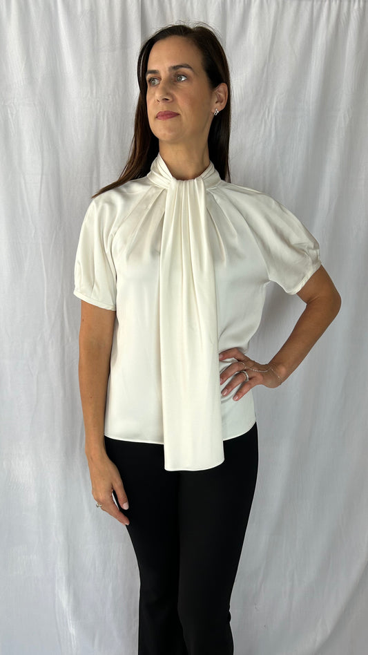 J. Crew Ivory Short-Sleeve Blouse with Beading on Flap Tie