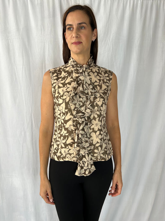 Carolina Herrera Floral Sleeveless Blouse with Ruffle Front and Embroidered Pearls at Shoulders
