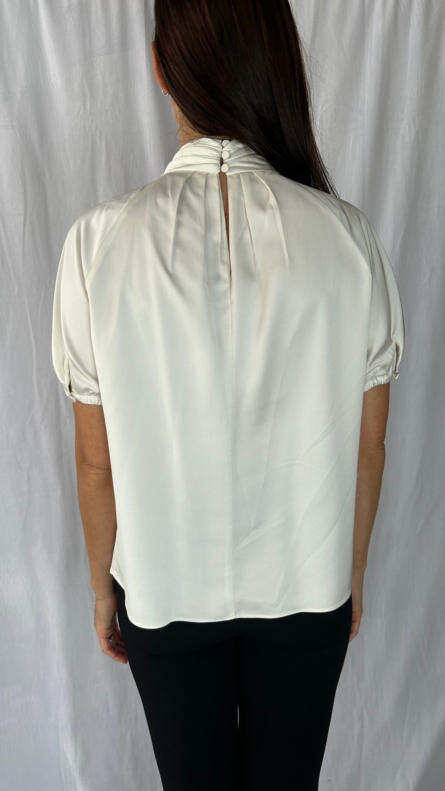 J. Crew Ivory Short-Sleeve Blouse with Beading on Flap Tie
