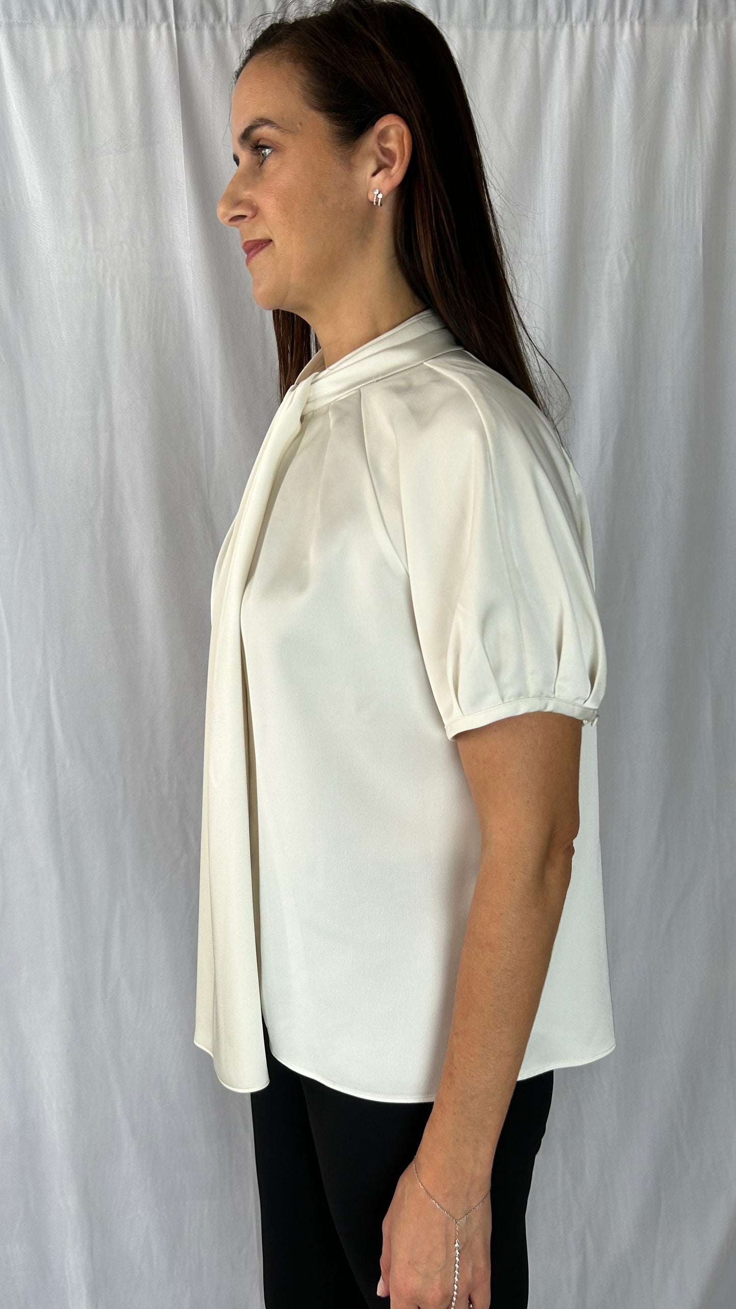 J. Crew Ivory Short-Sleeve Blouse with Beading on Flap Tie
