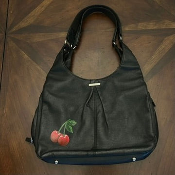 Black Handbag with Hand-Painted Cherries