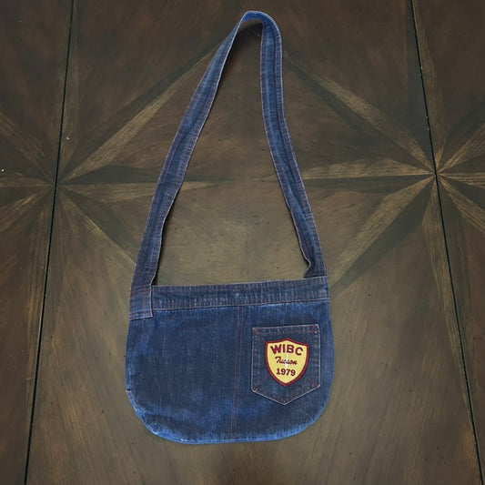 Blue Denim Shoulder Bag with Vintage Bowling Patch