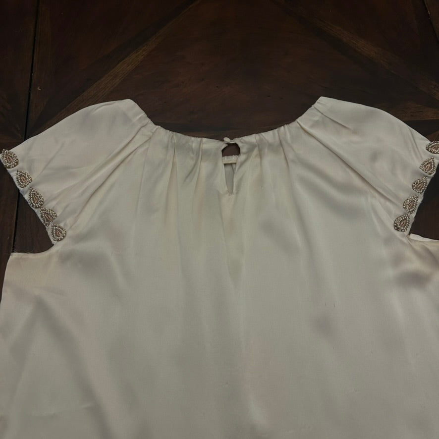 Carolina Herrera Ivory Charmeuse Jewel-Neck Cap-Sleeve Blouse with Beading on Sleeves