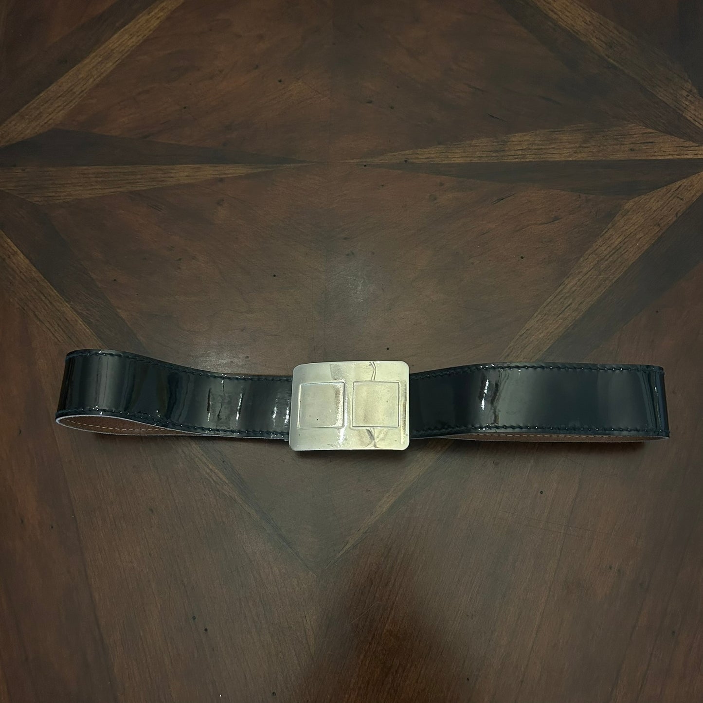 Abbe Creation Black Patent Belt with Silver Buckle