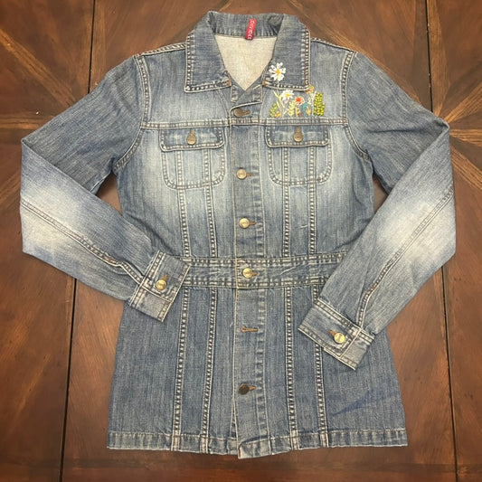 Denim Shirt Jacket with 3-D Hand Floral Embroidery