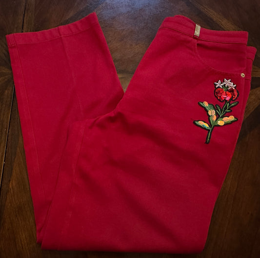 St. John Sport Essentials Red Jeans with Front Floral Applique