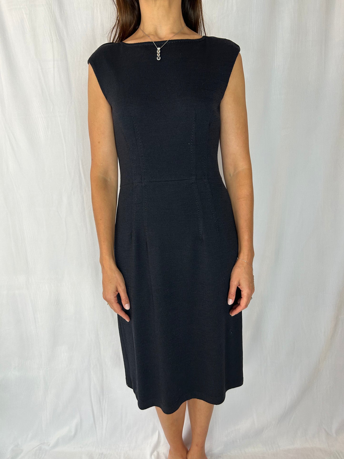 St. John Knit Sleeveless Navy Sculpted Dress with Added Feather Trim