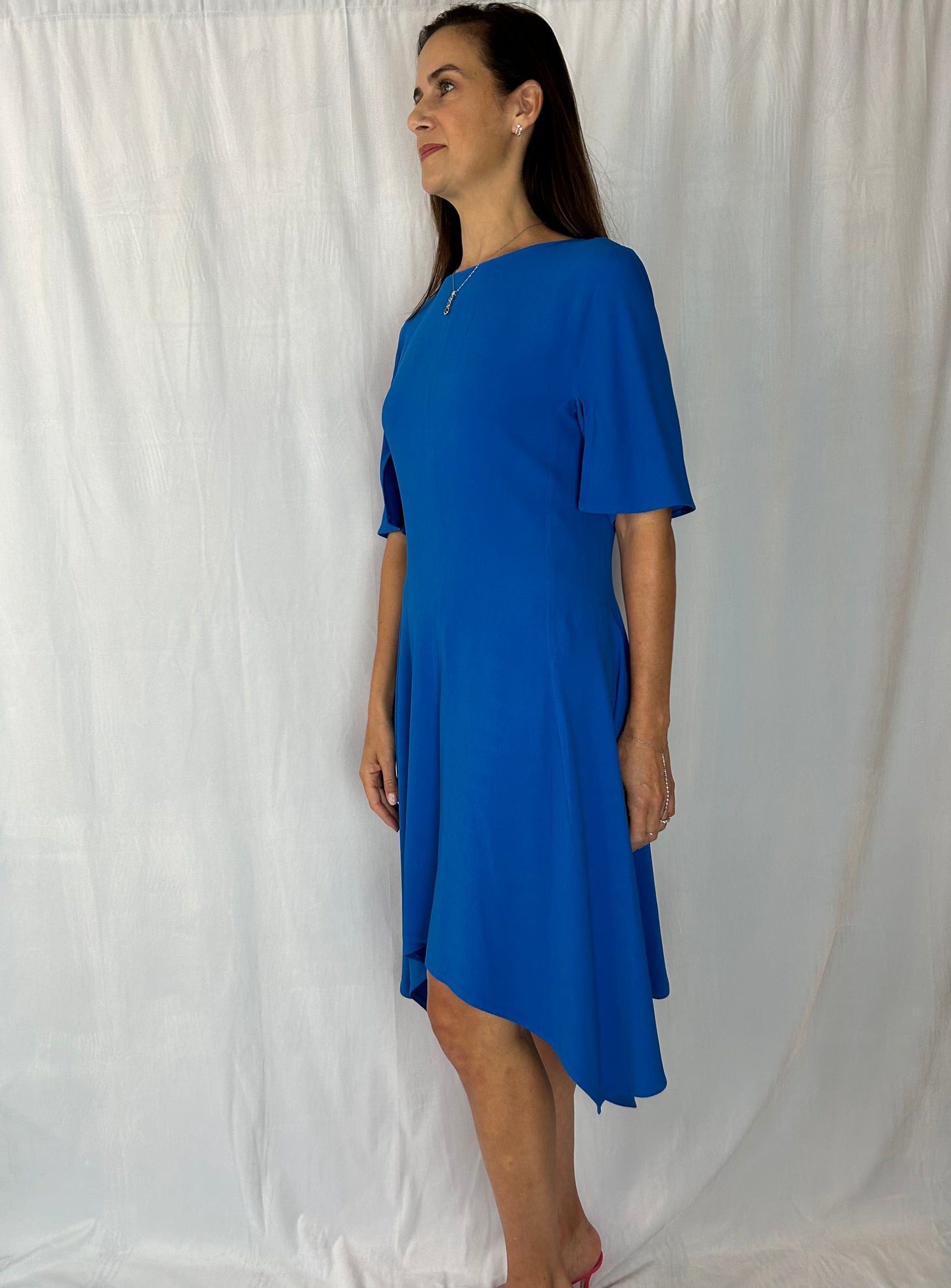 Stella McCartney Elbow-Sleeve Dress with Asymmetrical Hem and Eyes at Collar