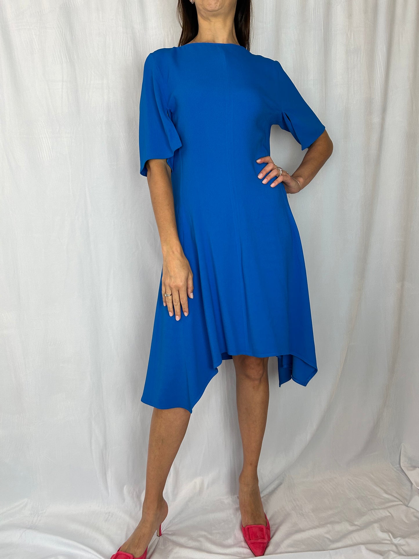 Stella McCartney Elbow-Sleeve Dress with Asymmetrical Hem and Eyes at Collar