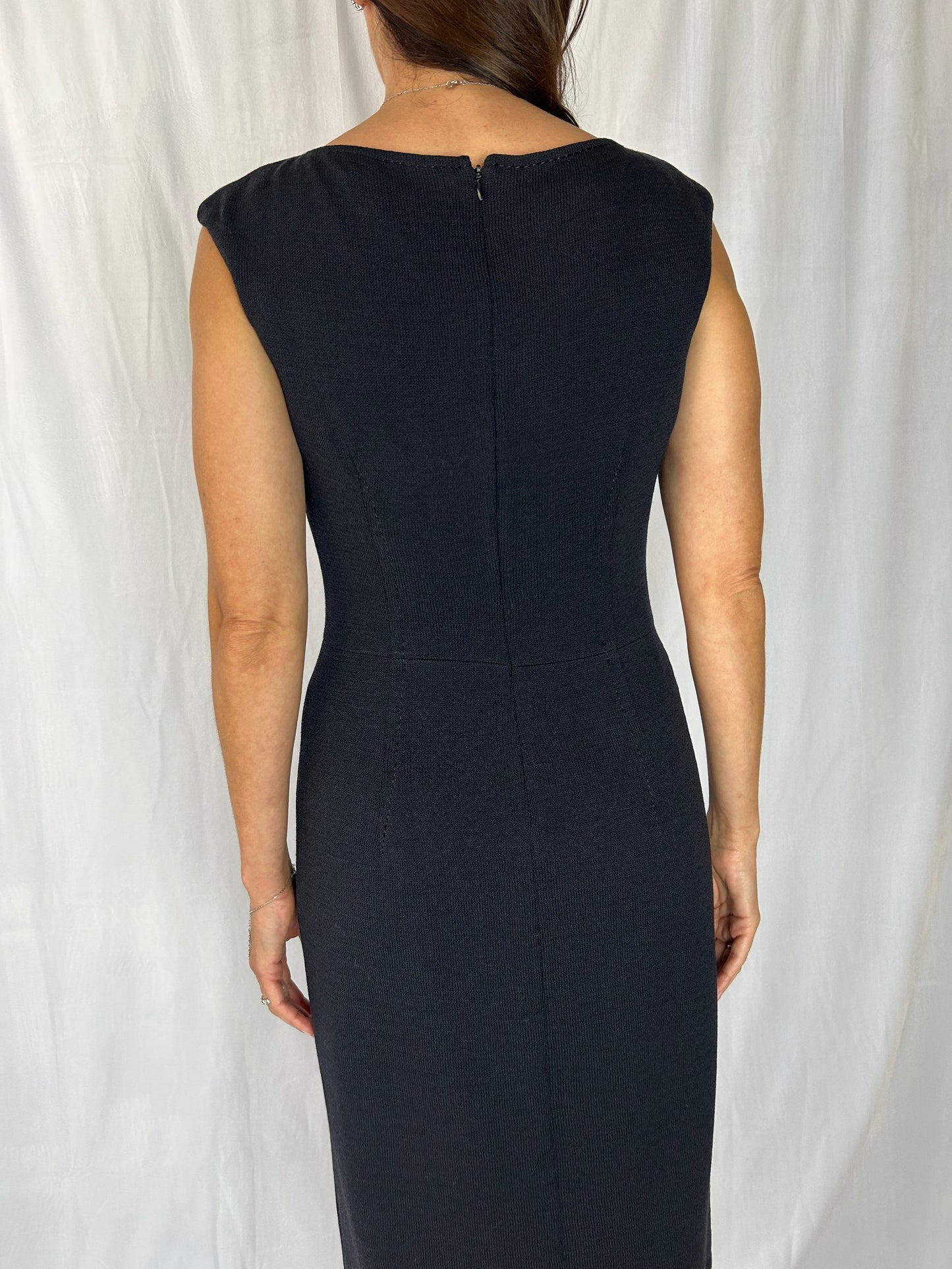 St. John Knit Sleeveless Navy Sculpted Dress with Added Feather Trim
