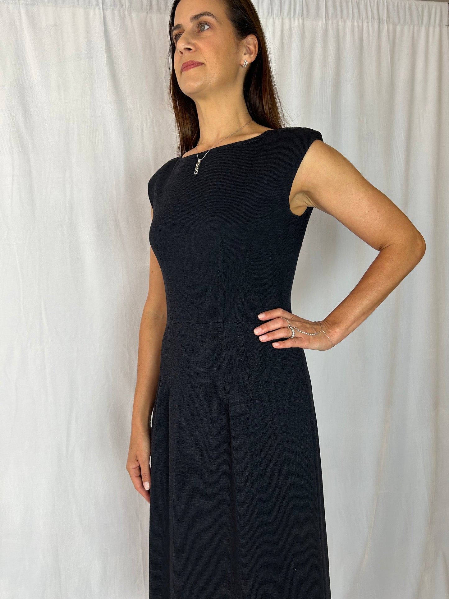 St. John Knit Sleeveless Navy Sculpted Dress with Added Feather Trim